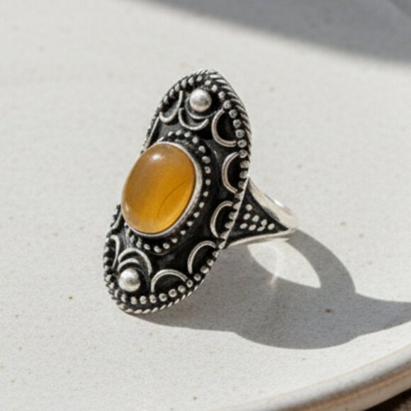Boho Vintage Statement Ring | Yellow Onyx Gemstone | Adjustable Size 8-10 - Picture 5 of 14